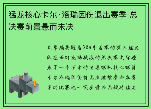 猛龙核心卡尔·洛瑞因伤退出赛季 总决赛前景悬而未决
