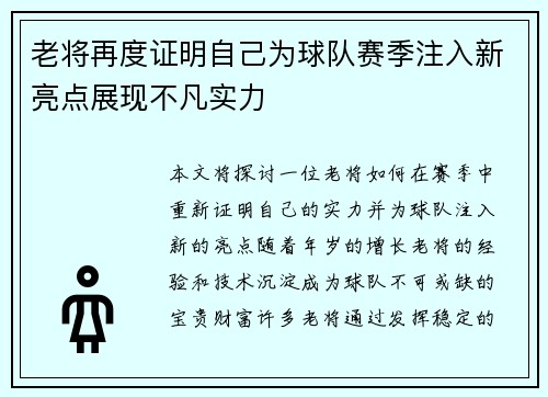 老将再度证明自己为球队赛季注入新亮点展现不凡实力