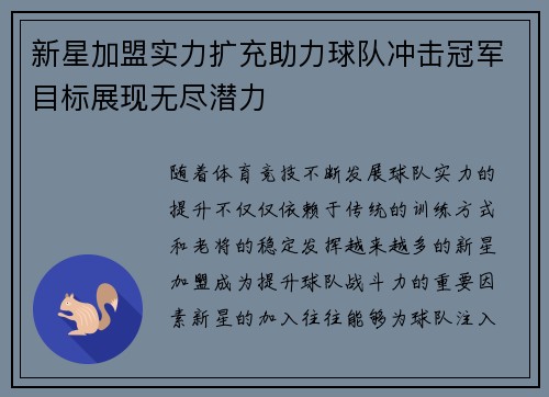 新星加盟实力扩充助力球队冲击冠军目标展现无尽潜力