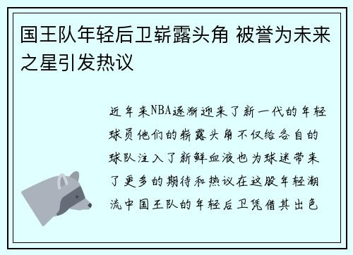 国王队年轻后卫崭露头角 被誉为未来之星引发热议