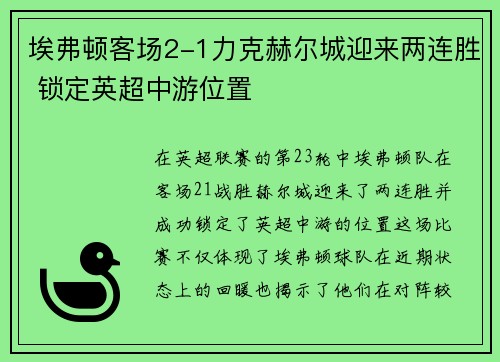 埃弗顿客场2-1力克赫尔城迎来两连胜 锁定英超中游位置