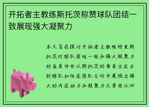开拓者主教练斯托茨称赞球队团结一致展现强大凝聚力