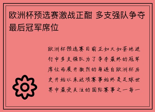 欧洲杯预选赛激战正酣 多支强队争夺最后冠军席位