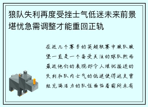 狼队失利再度受挫士气低迷未来前景堪忧急需调整才能重回正轨