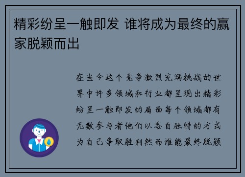 精彩纷呈一触即发 谁将成为最终的赢家脱颖而出