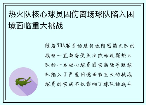 热火队核心球员因伤离场球队陷入困境面临重大挑战